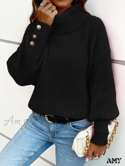 Casual Long Sleeve Turtleneck Color Block Patchwork Pullover Sweater