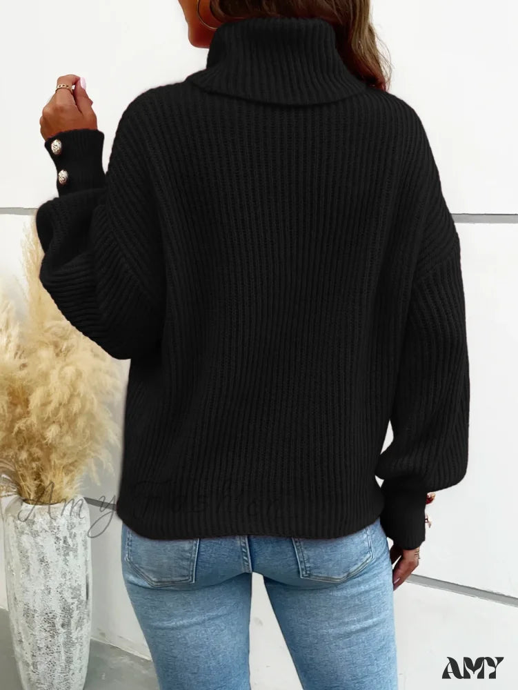 Casual Long Sleeve Turtleneck Color Block Patchwork Pullover Sweater