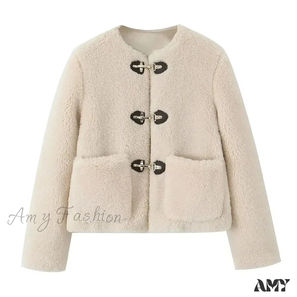 Casual Long Sleeves Single-Breasted Warm Fleece Winter Street Chic Loose Pocket Coat Beige / S