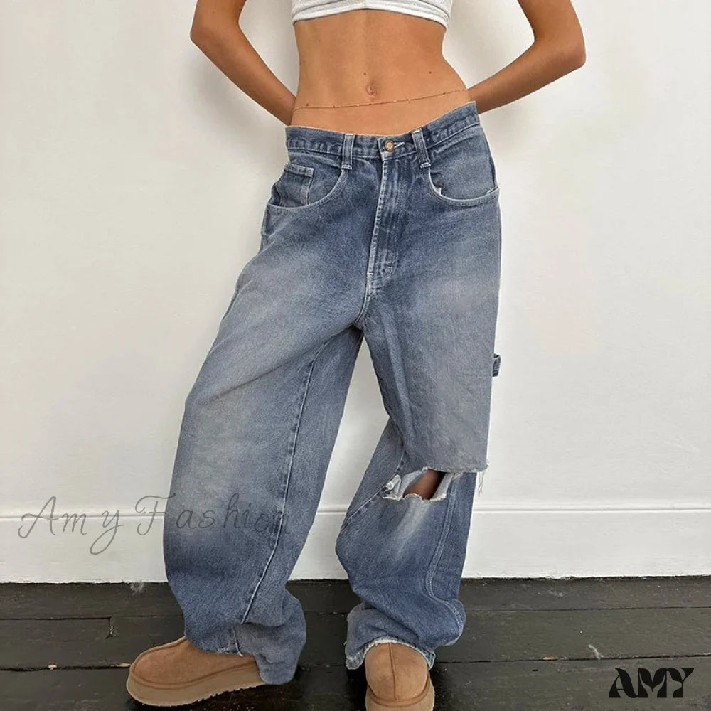 Casual Loose Baggy Distressed Stylish Comfortable Trendy Modern Unique Classic Jean Blue / S