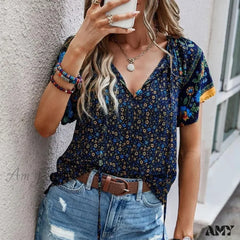 Casual Loose Floral Vintage Elegant Female Summer Tops Blouses
