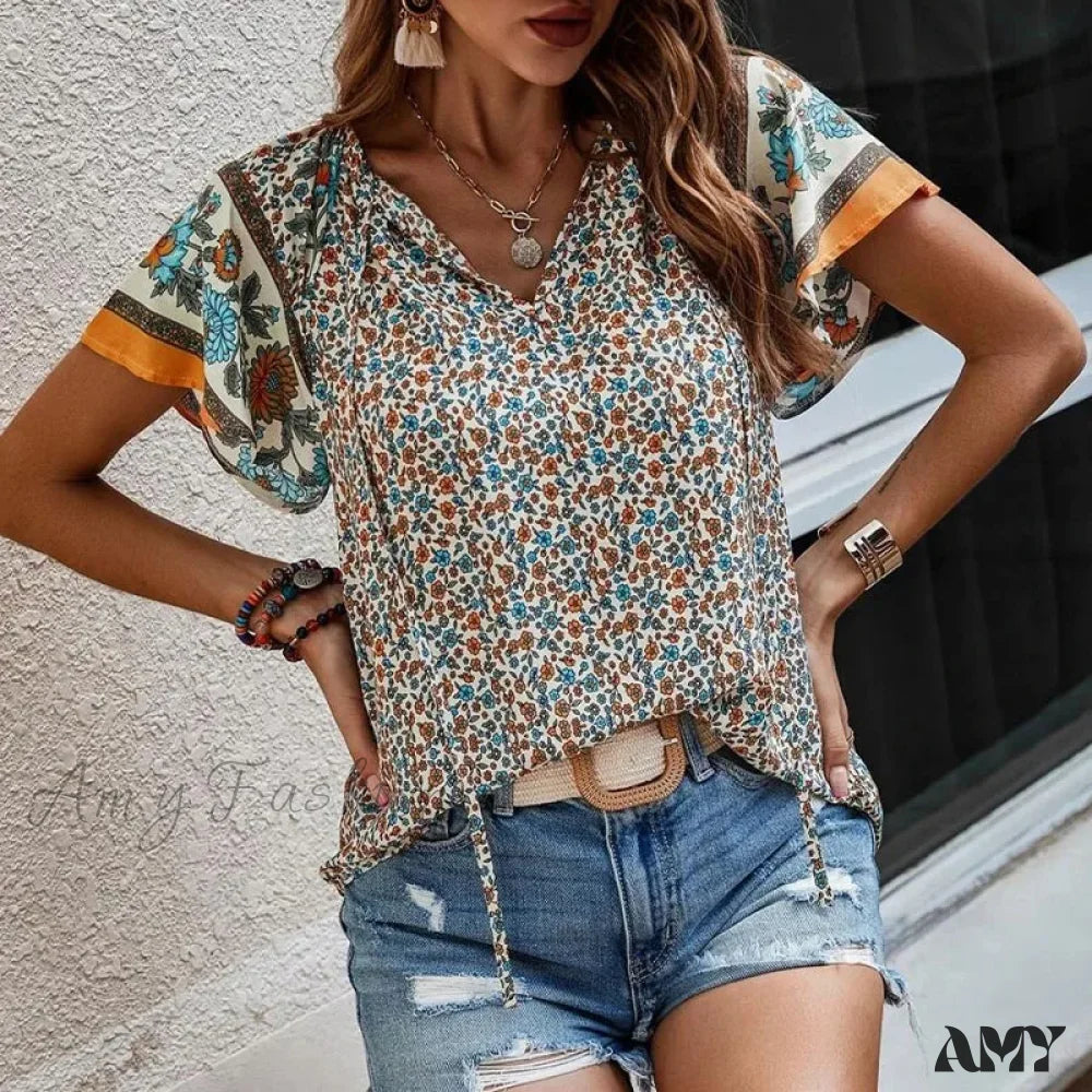 Casual Loose Floral Vintage Elegant Female Summer Tops Blouses