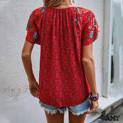 Casual Loose Floral Vintage Elegant Female Summer Tops Blouses