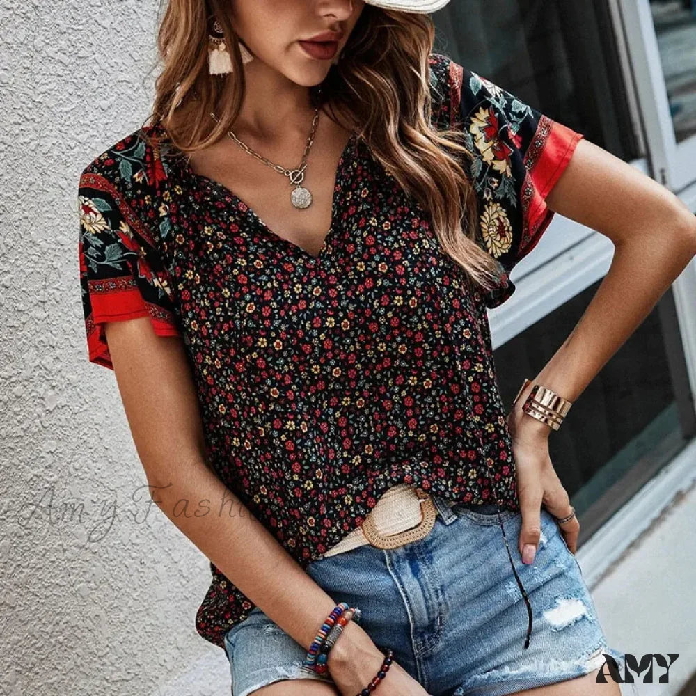 Casual Loose Floral Vintage Elegant Female Summer Tops Blouses Qu463-1 / S
