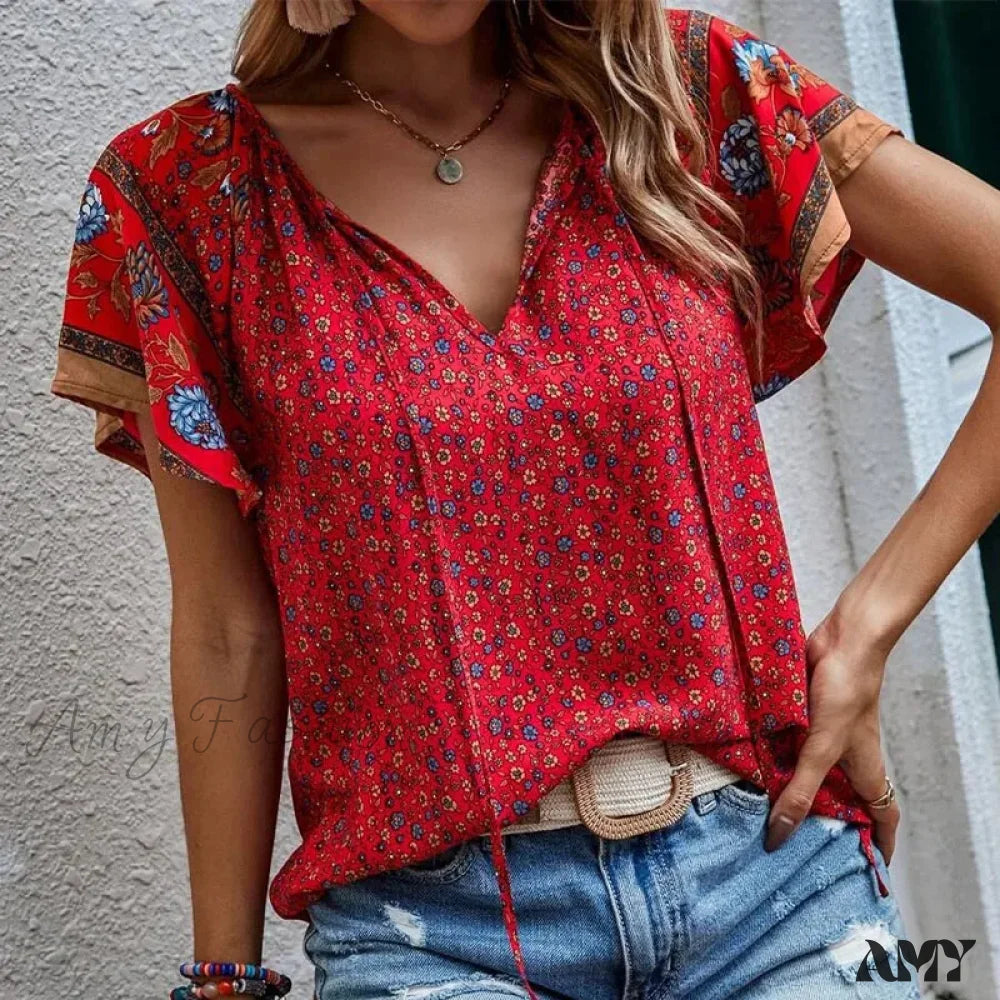 Casual Loose Floral Vintage Elegant Female Summer Tops Blouses Qu463-4 / S