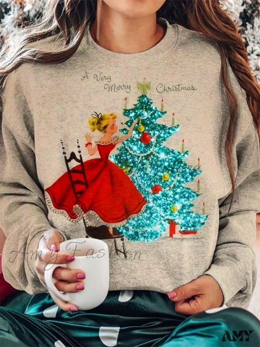 Casual Loose Round Neck Christmas Tree Hoodie For Autumn/Winter Outdoor Wear Beige / Xxs