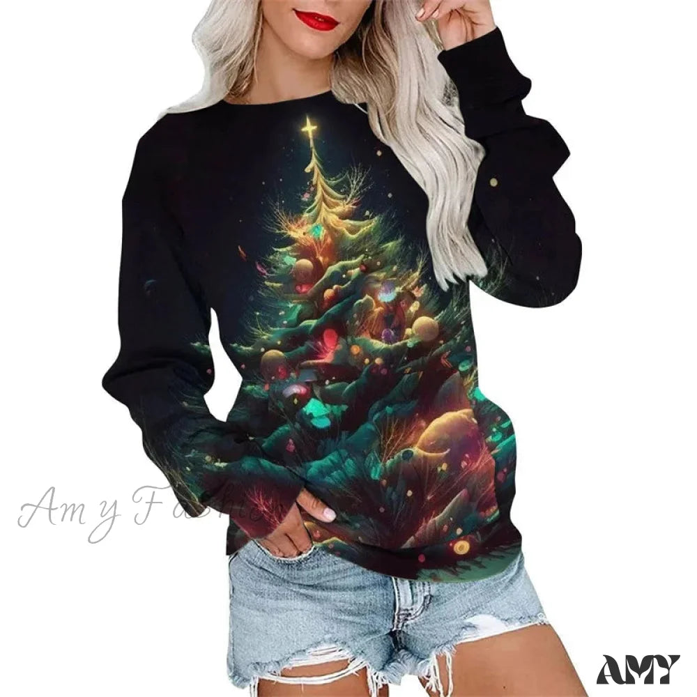 Casual Loose Round Neck Christmas Tree Hoodie For Autumn/Winter Outdoor Wear Black 1 / Xxs