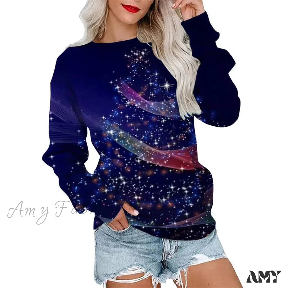 Casual Loose Round Neck Christmas Tree Hoodie For Autumn/Winter Outdoor Wear Blue 1 / Xxs