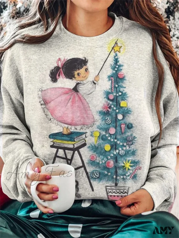 Casual Loose Round Neck Christmas Tree Hoodie For Autumn/Winter Outdoor Wear White / Xxs