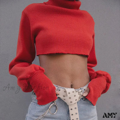 Casual Loose Sexy Solid Turtleneck Long Sleeve Knit Crop Christmas Sweater