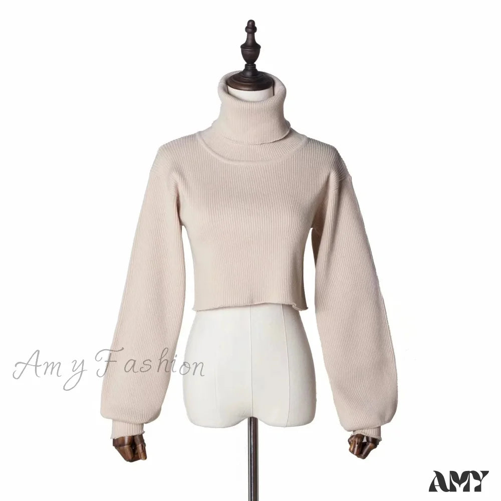 Casual Loose Sexy Solid Turtleneck Long Sleeve Knit Crop Christmas Sweater Khaki / One Size