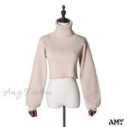 Casual Loose Sexy Solid Turtleneck Long Sleeve Knit Crop Christmas Sweater Khaki / One Size