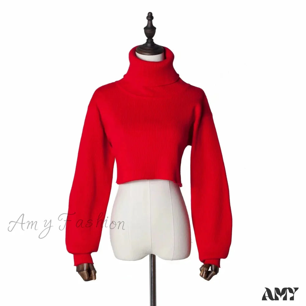 Casual Loose Sexy Solid Turtleneck Long Sleeve Knit Crop Christmas Sweater Red / One Size