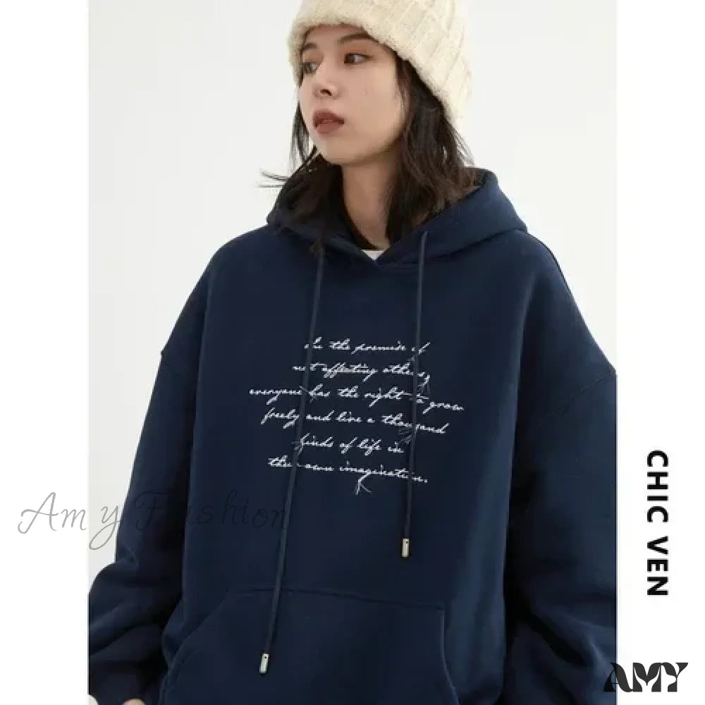 Casual Loose Trendy Comfortable Chic Warm Soft Elegant Cozy Hoodies Blue / S