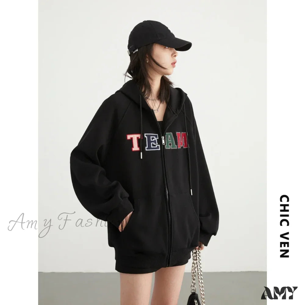 Casual Loose Trendy Comfortable Cozy Chic Plush Warm Elegant Hoodies Black / S