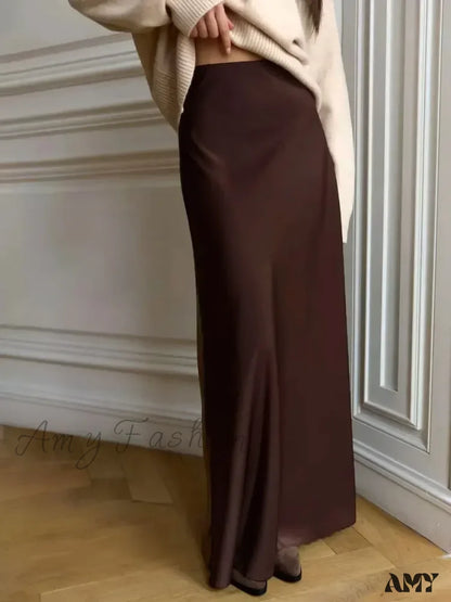 Casual Satin Loose High Waist Maxi Elegant Simple Silk Fishtail Skirt