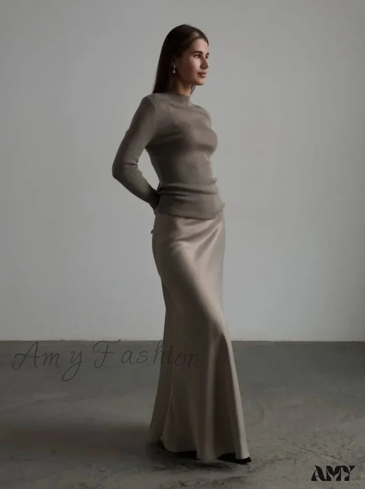 Casual Satin Loose High Waist Maxi Elegant Simple Silk Fishtail Skirt Khaki / S