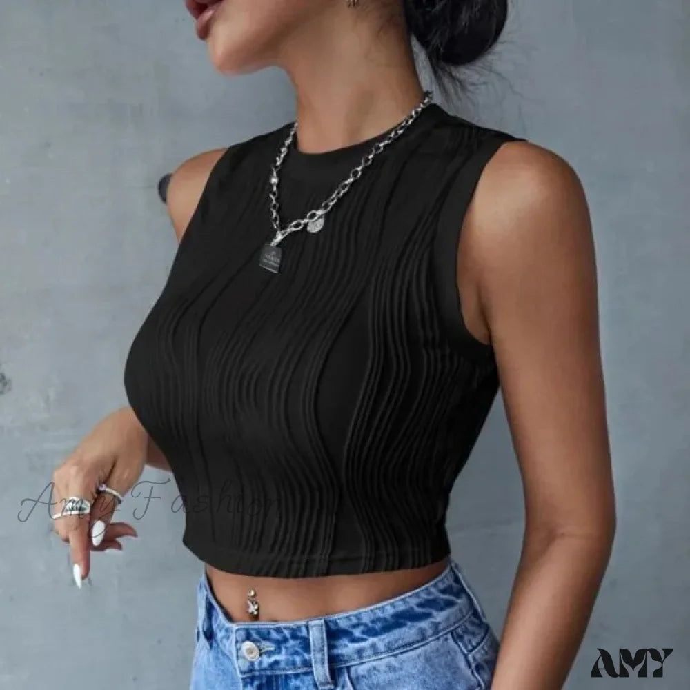 Casual Sleeveless Rib Knit Summer High Street Style Slim Fit Crop Top Black / S