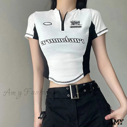 Casual Stitched Zipper Y2K Aesthetic Knitted Short Sleeve Letter Print Harajuku Crop Top