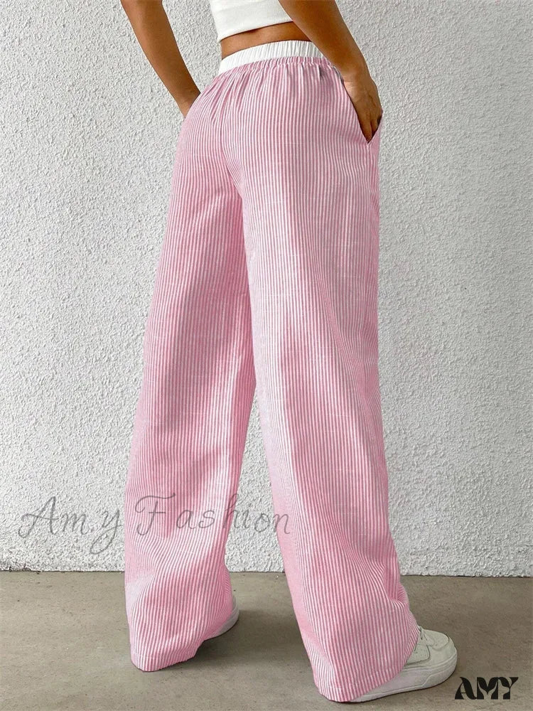 Casual Striped Woven Wide Fall Winter Stylish Full Length Y2K Trouser