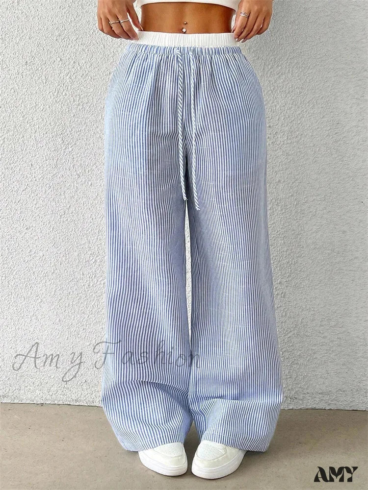 Casual Striped Woven Wide Fall Winter Stylish Full Length Y2K Trouser