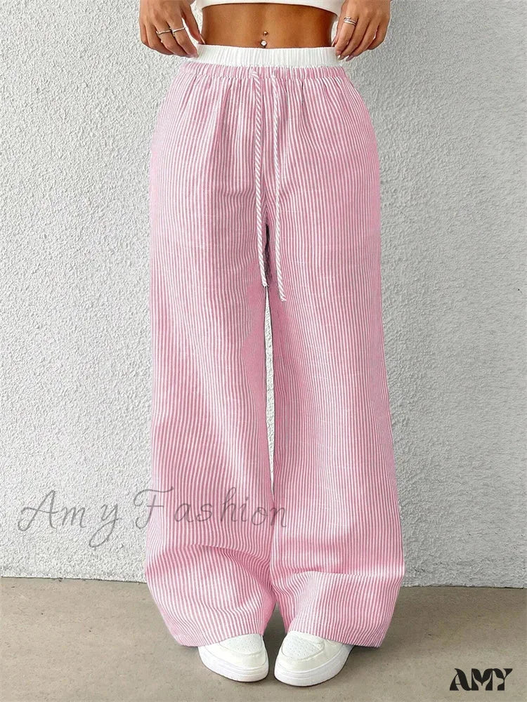 Casual Striped Woven Wide Fall Winter Stylish Full Length Y2K Trouser