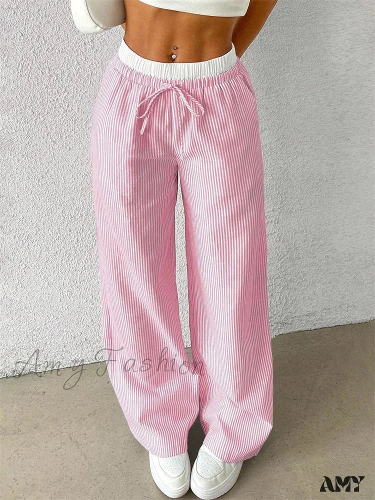 Casual Striped Woven Wide Fall Winter Stylish Full Length Y2K Trouser Pink / S