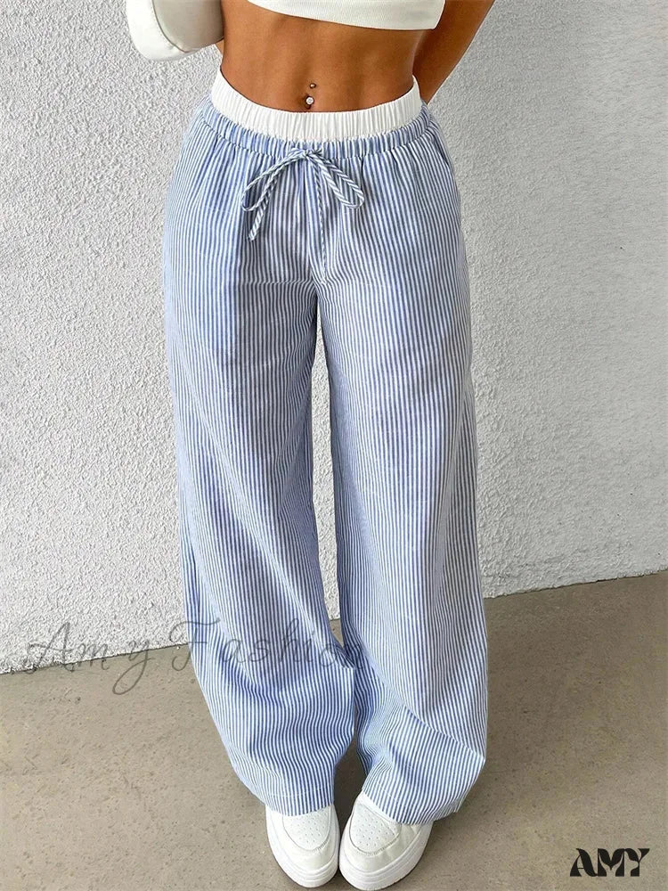 Casual Striped Woven Wide Fall Winter Stylish Full Length Y2K Trouser Sky Blue / S