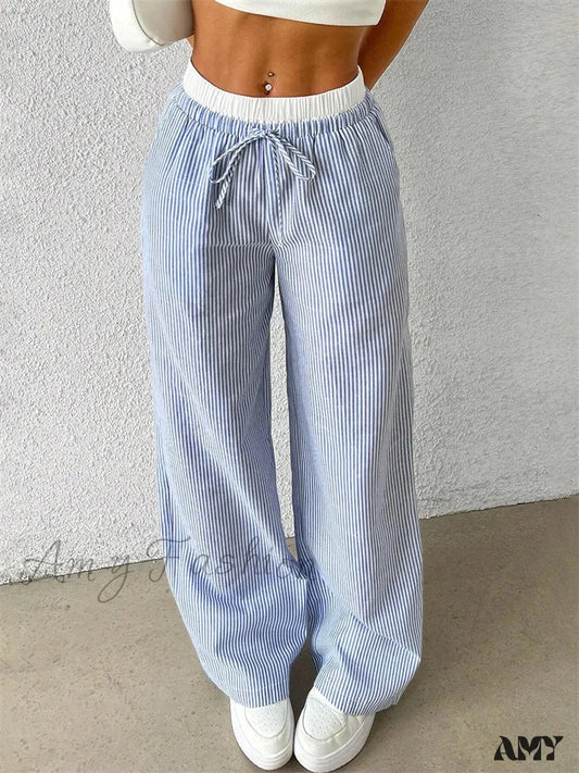 Casual Striped Woven Wide Fall Winter Stylish Full Length Y2K Trouser Sky Blue / S