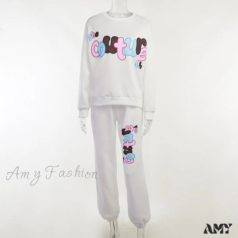 Casual Stylish Letter Print Sweatshirt Pants Suit White / S