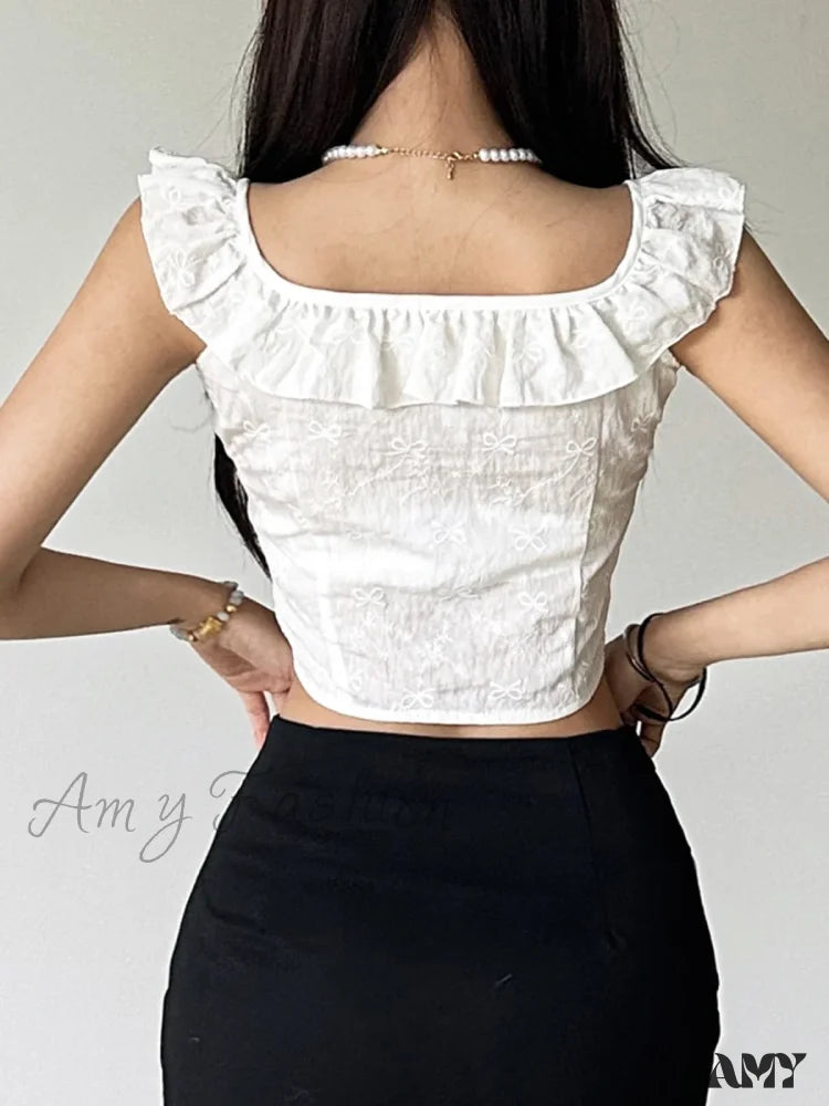 Casual Sweet Ruffles Slim Slash Neck Sleeveless Summer Fashion Streetwear Crop Top