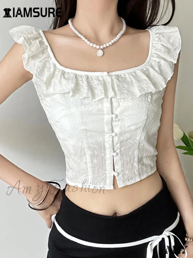 Casual Sweet Ruffles Slim Slash Neck Sleeveless Summer Fashion Streetwear Crop Top White / S