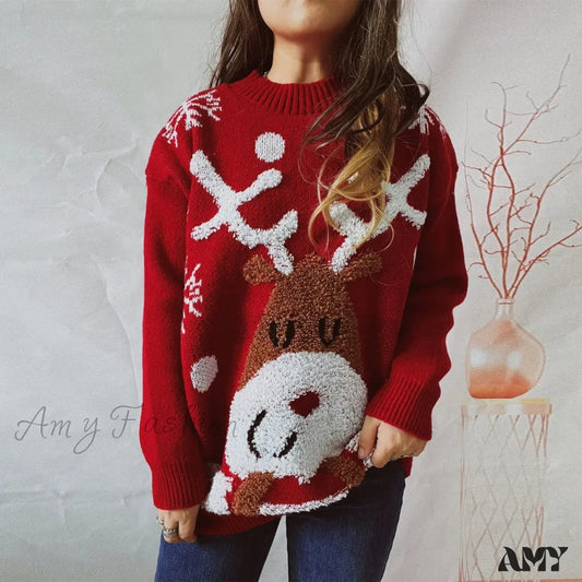 Casual Thickened Raglan Sleeve Elk Christmas Tree Sweater Red / S