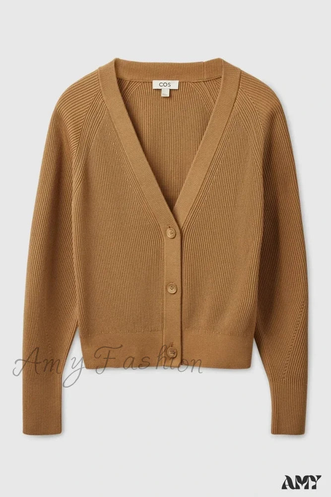 Casual V-Neck Ribbed Bat-Sleeve Soft Comfortable Cozy Elegant Lightweight Cardigan Camel / S