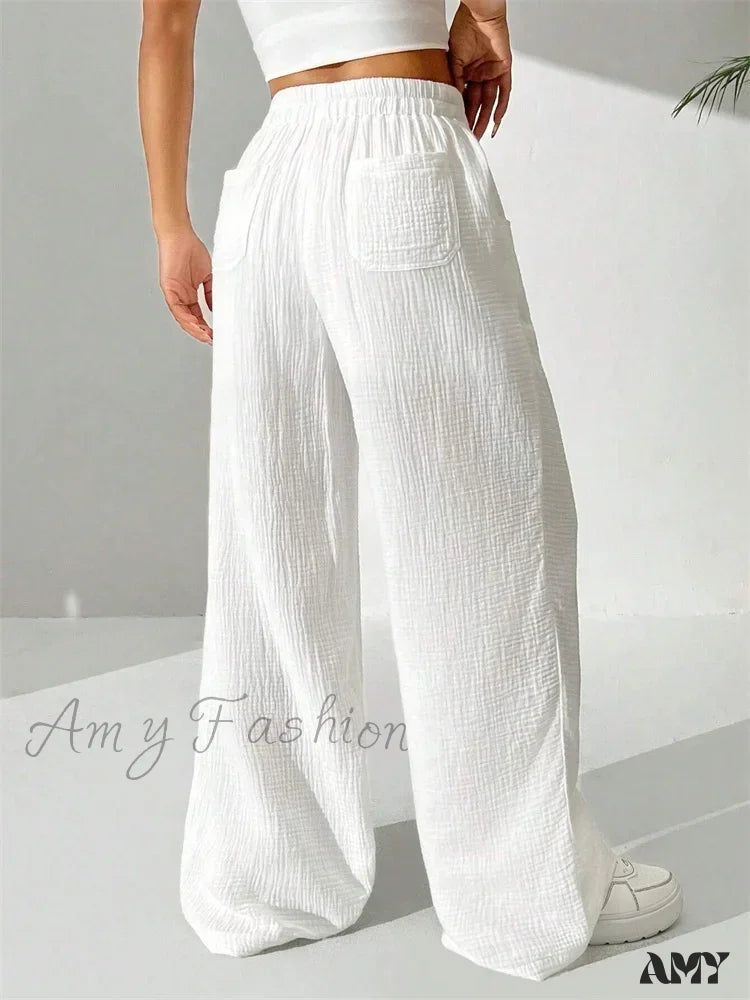 Casual Wrinkle Solid Color Long Autumn Winter Straight Drawstring Loose Trouser