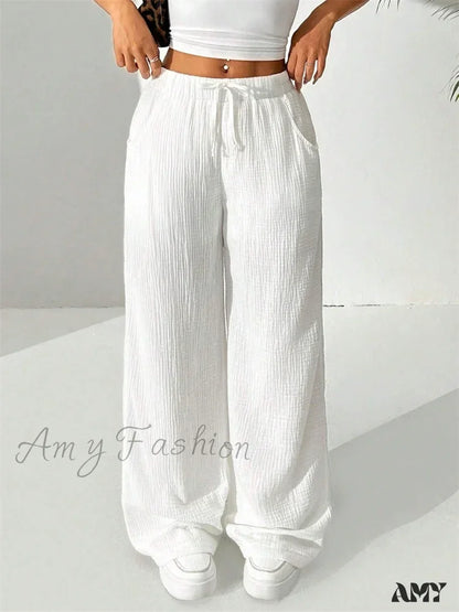 Casual Wrinkle Solid Color Long Autumn Winter Straight Drawstring Loose Trouser