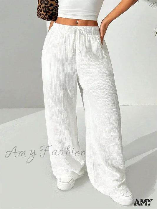 Casual Wrinkle Solid Color Long Autumn Winter Straight Drawstring Loose Trouser White / S