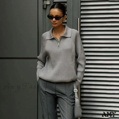 Casual Zipper Long Sleeve Pullover Solid Loose Warm Christmas Sweater Gray / S