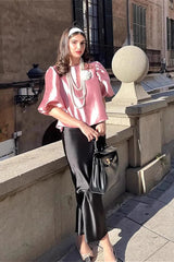 French Style Short Satin Balloon Sleeve Blouse