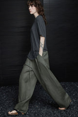 Green Linen High Waist Draped Wide Leg Pants