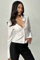 Solid Woven Slim Collared Button-Front Blouse