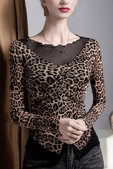 Leopard Print Fake Two-Piece Mesh-Paneled Blouse