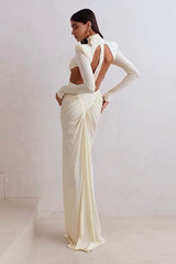 Long-Sleeve Ruched Color-Block Cutout Waist Slim Party Dress