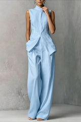 Drape Sleeveless Shirt Elegant Two Piece Work Set