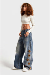 Loose Fit High Waist Floral Embroidered Jeans