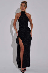 Glitter Halter Cutout High Slit Maxi Party Dress