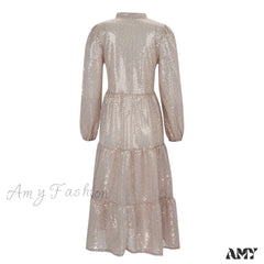 Champagne Sequin Loose V-Neck Long Sleeve Pleated Midi Elegant A-Line Banquet Party Dress