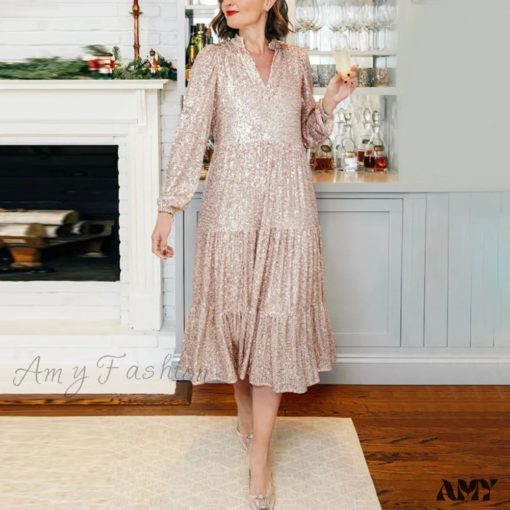 Champagne Sequin Loose V-Neck Long Sleeve Pleated Midi Elegant A-Line Banquet Party Dress