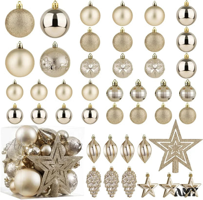 Champagne Shatterproof Christmas Ball Ornaments - Set Of 43 For Xmas Holiday Party And Home