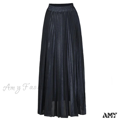 Check Pleated Maxi High Waist Large Swing Gold Long Skirt